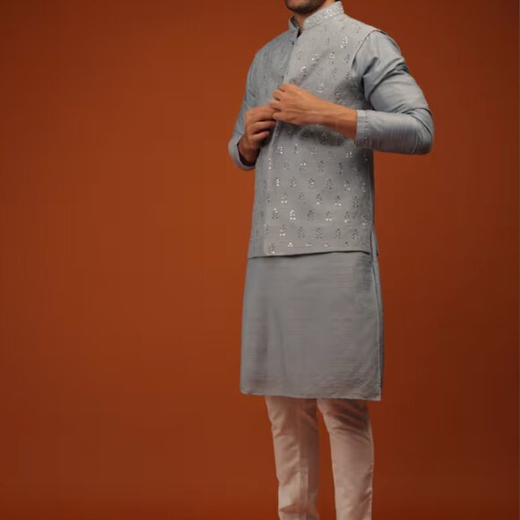 BRAND NEW Harbor Grey Nehru Jacket And Kurta Set In Art Silk KALKI Size M/38 - Picture 6 of 7